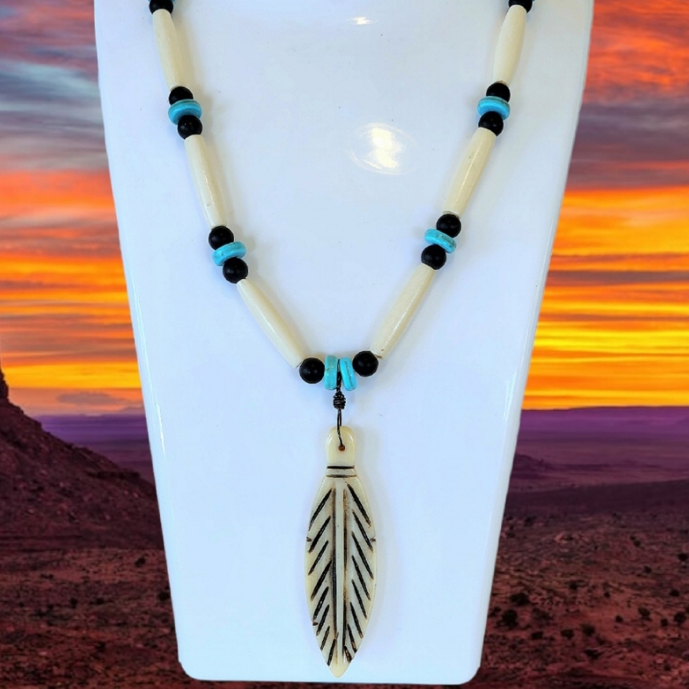 Carved Feather Bone Beads Turquoise Native American Style Unisex Necklace
